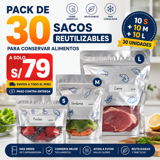 AluVita™ – Bolsas Reutilizables para Alimentos (PACK 30 UNIDADES · 10 S + 10 M + 10 L)